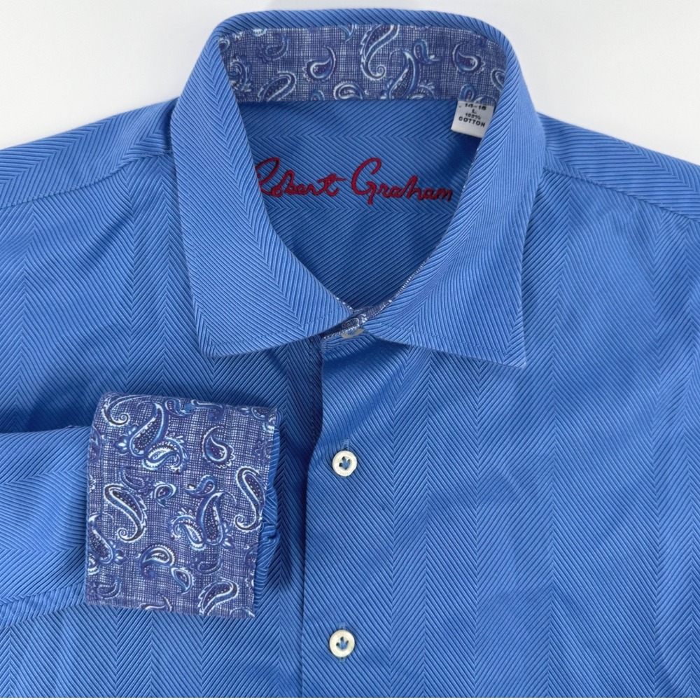 Robert Graham Kids Blue Herringbone Paisley‎ Trim Button Down Shirt Size L